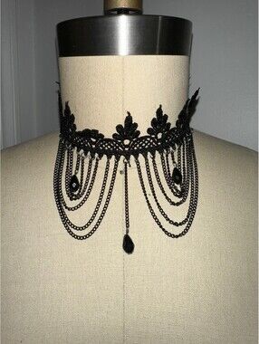 Black Lace Gothic Choker Necklace Dangle Accent Statement